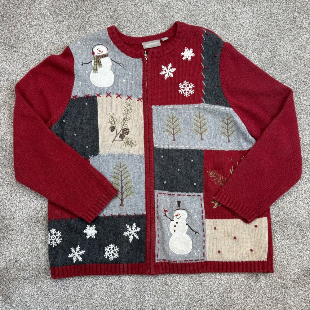 Croft & Barrow Woman 1X Red Christmas Patchwork Zip Front Sweater Cardigan